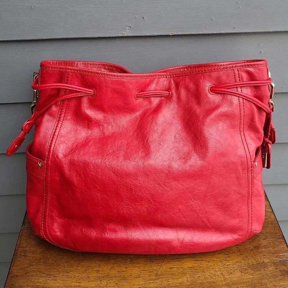 Cole Haan Red Leather Large Side Pull Drawstring Hobo Bag NWOT!